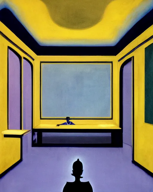 Image similar to blue people talking and a lonely dark figure seated on a throne with clouds at dark and yellow art deco interior room in the style of Francis Bacon, open ceiling, highly detailed, painted by Francis Bacon and Edward Hopper, painted by James Gilleard, surrealism, airbrush, art by James Jean