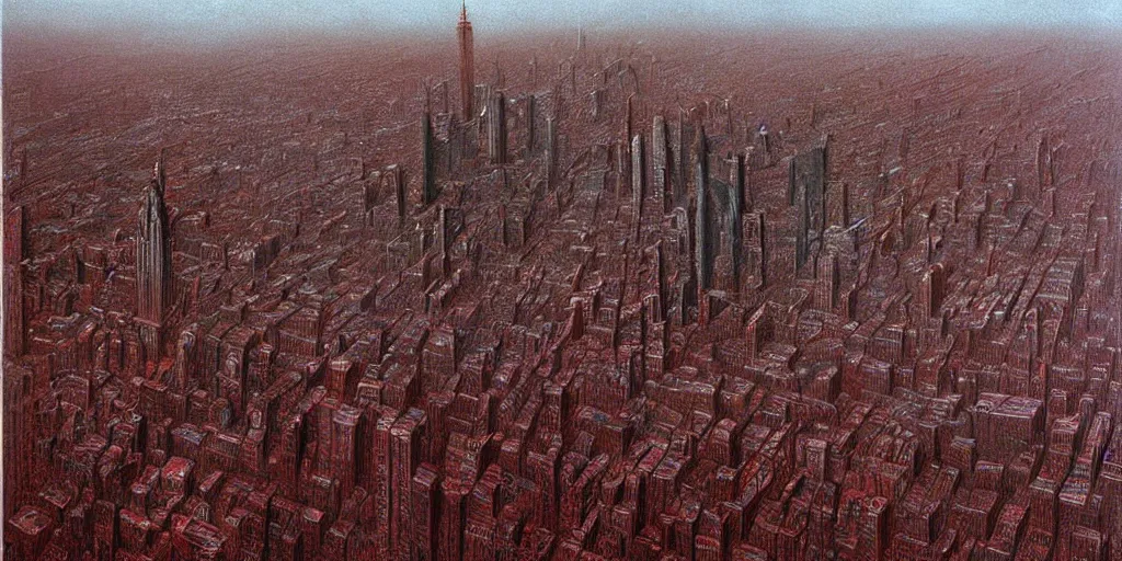 Prompt: a gigantic eldritch horror devouring new york city, painted by beksinski