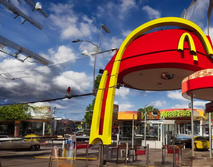 Image similar to alien UFOs attacking a McDonalds restaurant 1982, photo real, daylight, vivid colors, Eastman EXR 50D 5245/7245