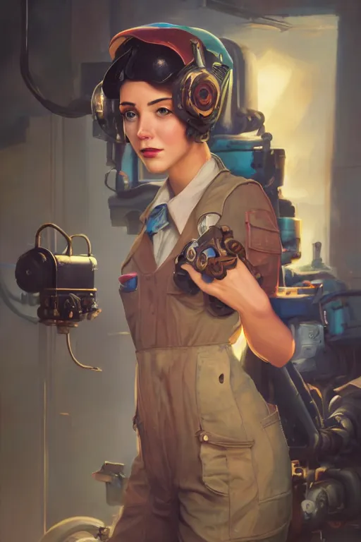 Image similar to a portrait of a cute female mechanic, dieselpunk setting, vivid colors, soft lighting, atmospheric, cinematic, moody, in the style of artgerm and greg rutkowski, oil on canvas, 8 k