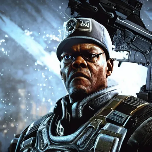 Image similar to Samuel L Jackson in Gears of War, splash art, movie still, cinematic lighting, dramatic, octane render, long lens, shallow depth of field, bokeh, anamorphic lens flare, 8k, hyper detailed, 35mm film grain