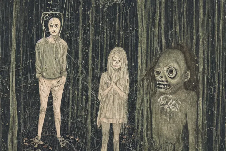 Prompt: a kid talking with a terrifying ethereal phantom in the middle of a rain forest at night, realistic, obscure, dramatic scene, style of Angela Deane, painted by Berksinki