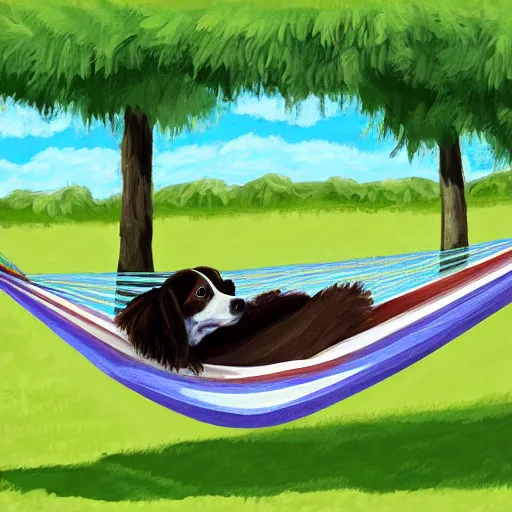 Image similar to brown border collie relaxing in a hammock drinking hot chocolate, digital painting