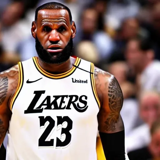 Prompt: professional close up shot photograph of lebron james reading a book while in an nba game, wearing nba jersey, standing, award - winning photograph, clear image, as seen on getty images, smooth