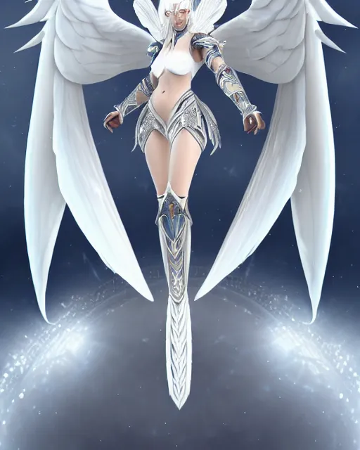 Image similar to perfect white haired egyptian goddess wearing white dove wings, warframe armor, regal, attractive, ornate, sultry, beautiful, ice queen, half asian, pretty face, blue eyes, detailed, scifi platform, 4 k, ultra realistic, epic lighting, android body, illuminated, cinematic, masterpiece, art by akihito tsukushi, voidstar