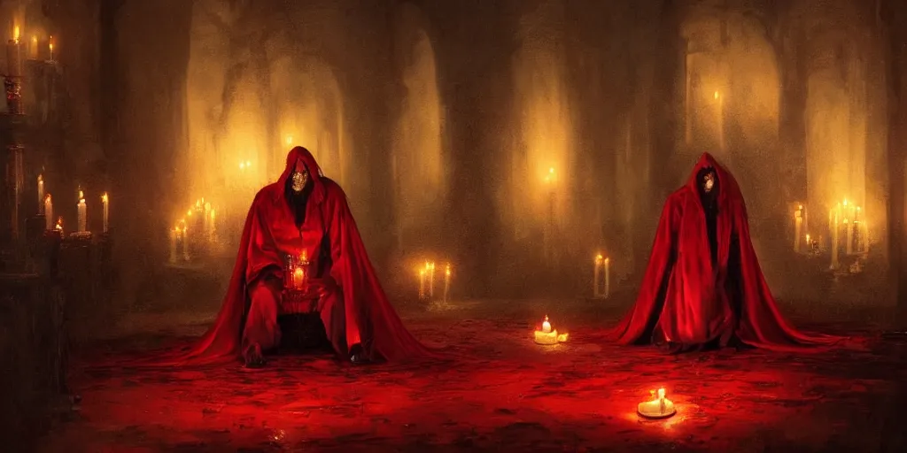 Prompt: A hyper realistic oil painting of a very old vampire dressed in a crimson robe, surrounded by candles, creepy atmosphere, moody lighting, by Greg Rutkowski, trending on artstation, 4k, underground