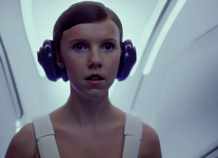 Image similar to film still of!!!! millie bobby brown!!! as princess leia in a white dress in star wars movie, closeup portrait, exploring interior of a spaceship, glamour pose, dramatic lighting, octane, mist, volumetric lighting, 8 k