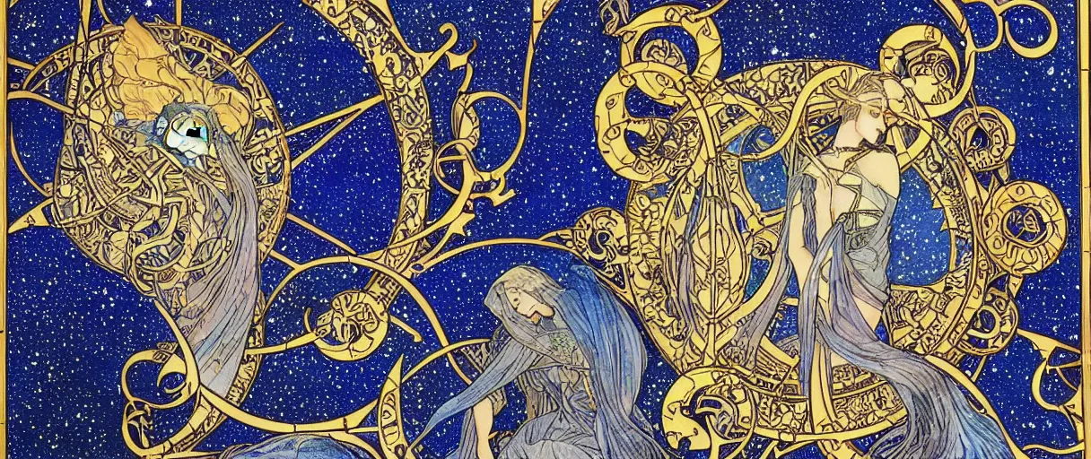 Prompt: the longest night, cloaked dark winter night, astronomical star constellations and watch gears, traditional moon and candle and tattoo, maiden and fool and crone, ultramarine blue and gold, intricate stained glass, awardwinning art by sana takeda and alphonse mucha and michael garfield