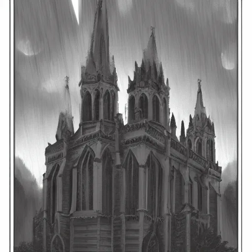 Image similar to victorian church in the middle of the city, dark, misty, at night, 8 k, detailed, concept art, trending on artstation