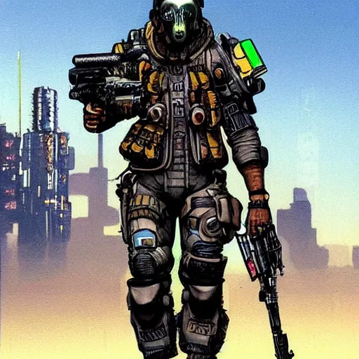 Image similar to ivan. Apex legends cyberpunk mercenary with exoskelital gear. Concept art by James Gurney and Mœbius.