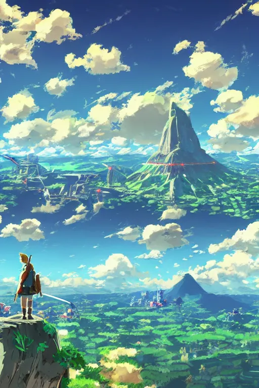 Image similar to skyline, Details, illustration , in the style of Studio ghibli, breath of the wild, myazaki, anime, clean render, denoise, rule of thirds