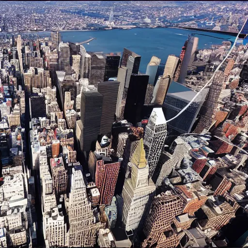 Image similar to 3rd person view, helicopter, flying over new york skyline, 4k, HD, cinematic lighting