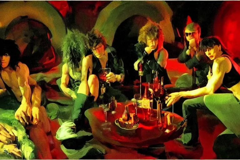 Prompt: cinematic scene, glam rockers drinking brutal and raw wine, inside a green cave with red lights by roger deakins, joaquin sorolla, phil hale, extremely detailed