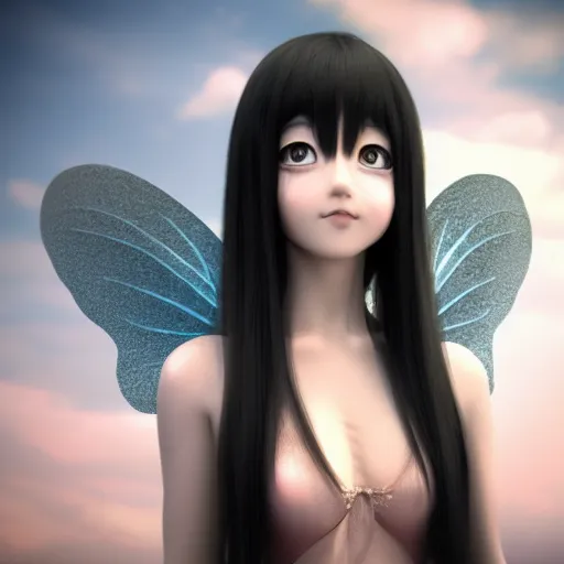 Prompt: stunning 3d render of a fairy, anime like, portrait, happy face, black hair, hd