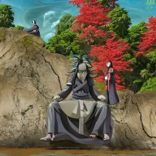 Image similar to 8 k uhd, hashirama senju vs madara uchiha 3 2 feet statue, river, mount, historical place, pilgrims, offerings, visitor, priest, photorealistic, highly details content