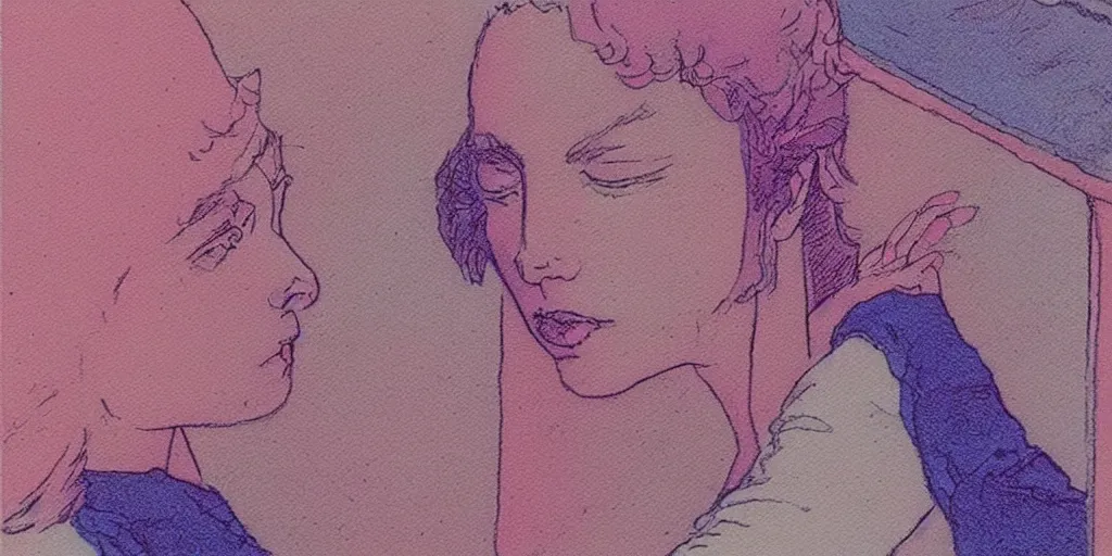 Prompt: a close - up grainy risograph, pastel colors painting of a scene from the requiem for a dream by moebius