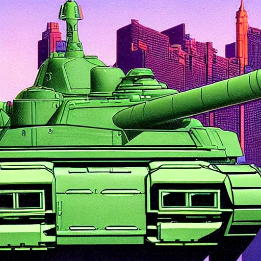 Prompt: an enormous plastic green army tank driving over a city, artwork by greg hildebrandt and moebius, vibrant colors