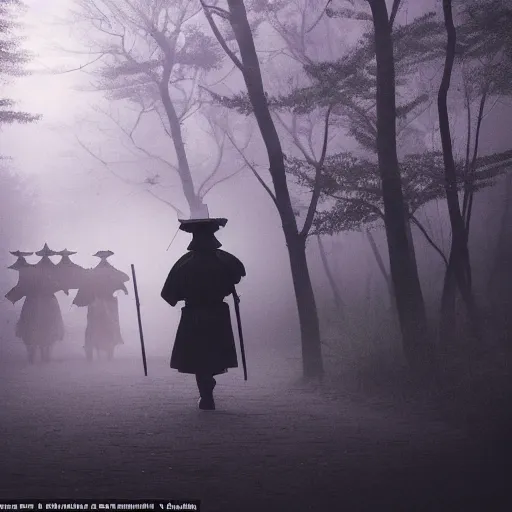 Image similar to a samurai walks with friends through the woods at night, gloomy, dark, foggy, night, ominous, dark color, atmospheric, cinematic lighting, intricate detail?