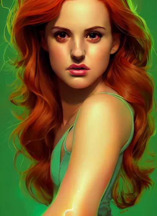 Image similar to full body portrait of teenage cheryl blossom, bangs, green eyes, mischievous expression, red hair, sultry smirk, bangs and wavy hair, intricate, elegant, glowing lights, highly detailed, digital painting, artstation, concept art, smooth, sharp focus, illustration, art by wlop, mars ravelo and greg rutkowski