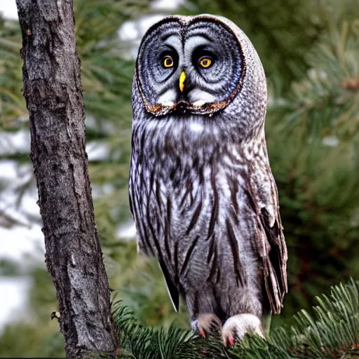 Prompt: A beautiful render of a great grey owl perched on the branch of a pine tree