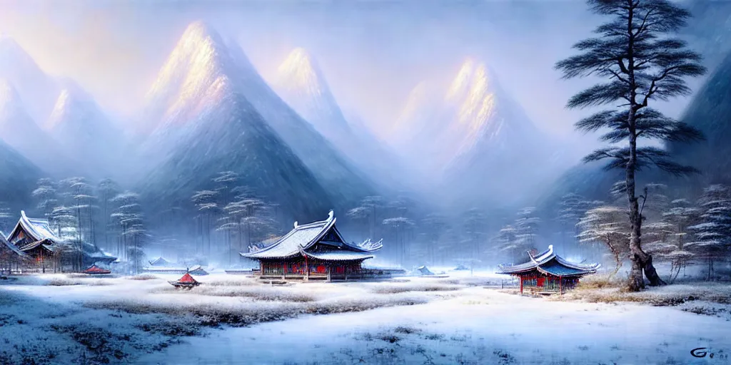 Image similar to beautiful chinese forest and a alaskan tundra snow covered landscape, with a quant village peaceful painted by greg rutkowski, makati shinkai, james gurney, wlop