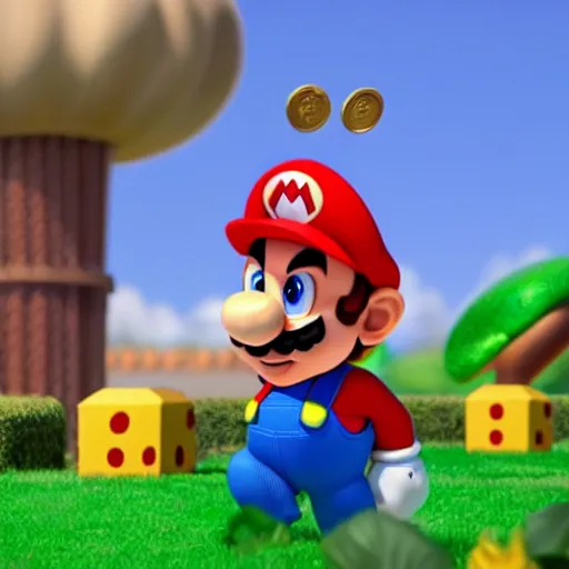 Prompt: A Still of Super Mario in an animated Disney Pixar movie holding a gold coin in the mushroom kingdom, dynamic pose, promotional render, 35mm f2.8, 4k, artstation, PBR materials, Pixar renderman render