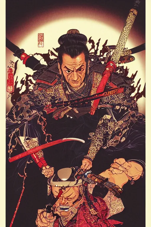 Image similar to poster of joe pesci as a samurai, by yoichi hatakenaka, masamune shirow, josan gonzales and dan mumford, ayami kojima, takato yamamoto, barclay shaw, karol bak, yukito kishiro
