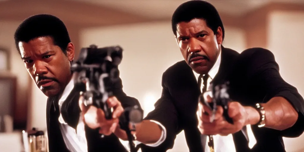 Image similar to Denzel Washington as Jules Winnfield in 'Pulp Fiction 2: The Enemy Within' (2004), movie still frame