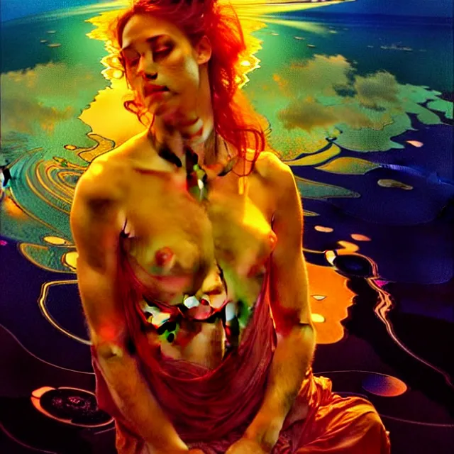 Image similar to transcendent mind bending indigo waves of glossy psychedelic liquid honey flowing like kaleidoscopic translucent amber, lsd waves, honey ripples, enlightenment, dramatic professional lighting, refracted sunset lighting, art by collier, albert aublet, krenz cushart, artem demura, alphonse mucha