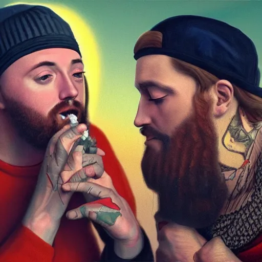 Image similar to a ultra detail picture portrait of Mac Miller and Jesus smoking a joint in heaven, 8k, photorealistic