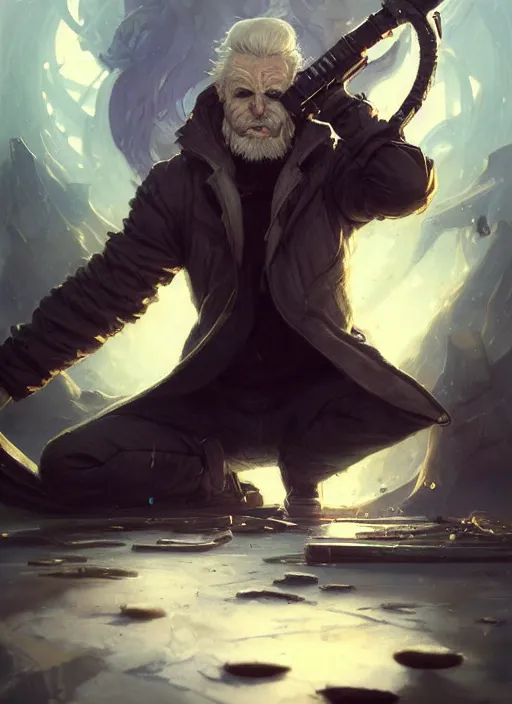 Prompt: low angle picture of a weapon master, holding ego weapons to the camera, long black jacket, neat white beard and hair, scars on eye, bored, tired, mass of ego weapons all over the floors, smoking with squat down pose, highly detailed face, deep eyes, intricate, masterpiece, fantasy illustrations by peter mohrbacher and anato finnstark and jeremy lipking