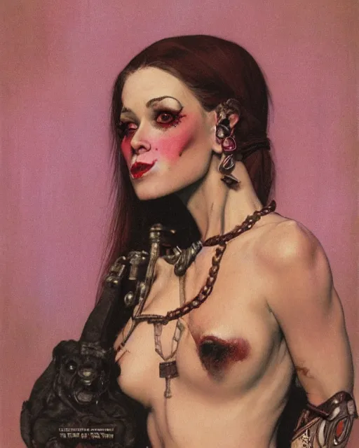 Prompt: portrait of a beautiful savage slaanesh female, by norman rockwell