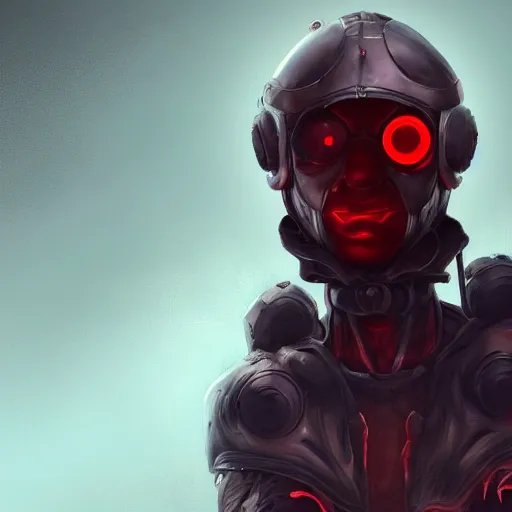 Prompt: a withered humanoid, wearing a round helmet, wearing red eye visor covering eyes, futuristic, industrial sci fi, artstation