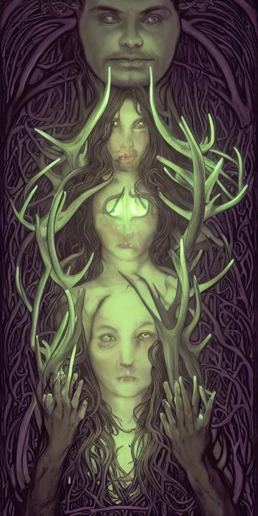 Image similar to intense bioluminescent glowing pagan god with antlers and tusks and pure black eyes in very dark forest by mark ryden and alphonse mucha, portrait, fantasy, clear, light beams, lens flare, intense, uhd, amazing depth, cinematic lighting