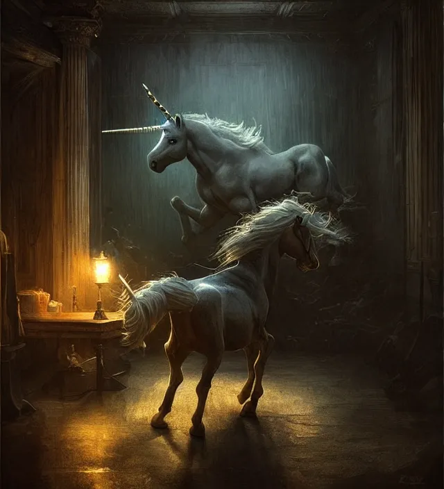 Image similar to a unicorn counting currency, cinematic atmospheric lighting, dark, atmospheric, brooding, painted, intricate, ultra - detailed by dave dorman, well composed, best on artstation, cgsociety, epic, stunning, gorgeous, intricate details, wow, masterpiece