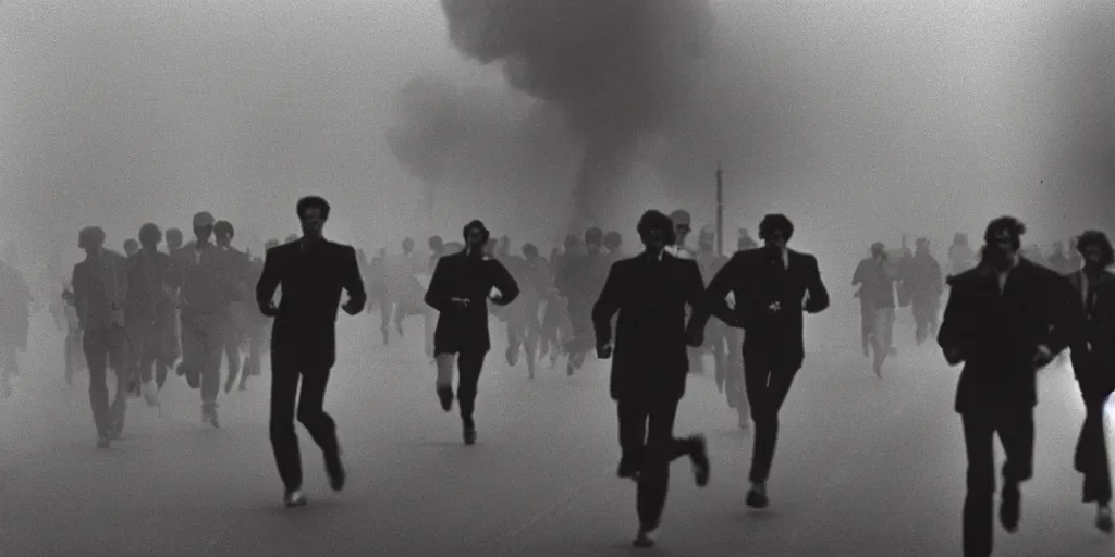 Prompt: street photo, revolution, smoke on the street, blurred thousands of people running, closeup, film photography, 1 9 8 0 s, exposed b & w photography, christopher morris photography, bruce davidson photography, peter marlow photography