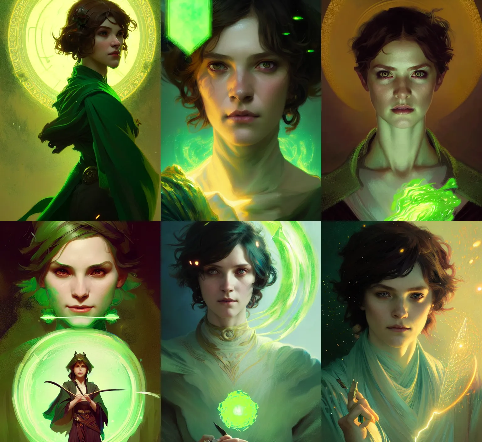 Prompt: Portrait of young female sorcerer, D&D fantasy, short green bobcut, magic particles in the air, stern expression, intricate, highly detailed, digital painting, artstation, concept art, sharp focus, illustration, art by greg rutkowski and alphonse mucha