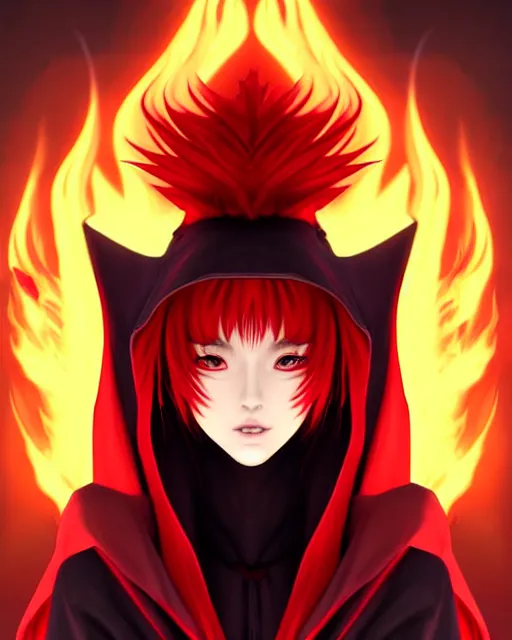 Image similar to portrait Anime sorceress with red hair; cloak with hood; she is summoning fire all around her; pretty face, realistic shaded Perfect face, fine details. Anime. realistic shaded lighting by Kim Jung Gi