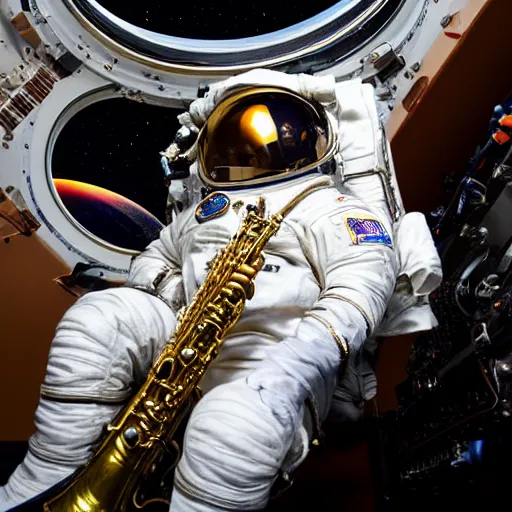 Prompt: astronaut doing jazz saxophone improvisation, 4k photography, space