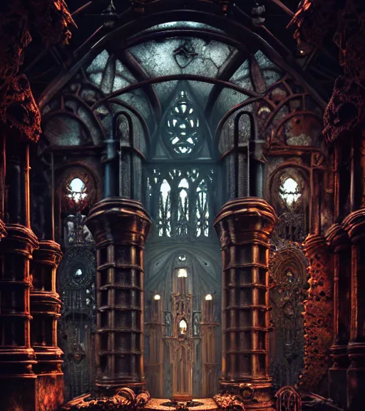 Image similar to steam necropolis, memento mori, gothic, neo - gothic, art nouveau, hyperdetailed copper patina medieval icon, stefan morrell, philippe druillet, ralph mcquarrie, concept art, steampunk, unreal engine, detailed intricate environment, octane render, moody atmospherics, volumetric lighting, ultrasharp, ominous, otherworldly