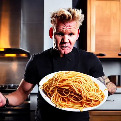 Prompt: gordon ramsay, throwing spaghetti, yelling at eminem, cooking show, very detailed, realistic, 4 k, professional photography