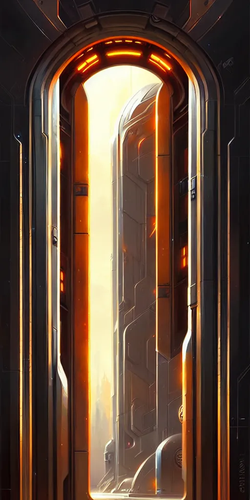 Image similar to hyper realistic art - deco sci - fi double door by jordan grimmer, darek zabrocki