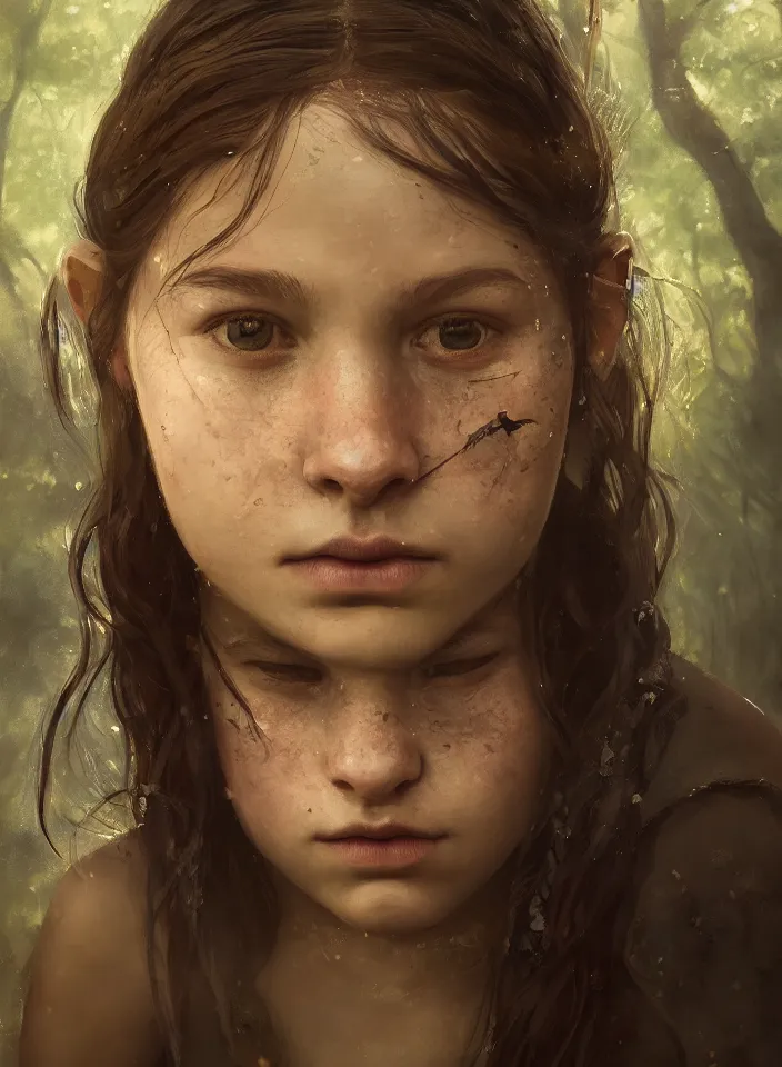 Image similar to a closeup portrait of an young girl from skyrim practicing alchemy, fantasy setting, forest environment, serene colors, soft lighting, atmospheric, cinematic, moody, in the style of diego koi, gina heyer, luiz escanuela, art by alyssa monk, depth, hyperrealism, rule of thirds, golden ratio, oil on canvas, 8 k