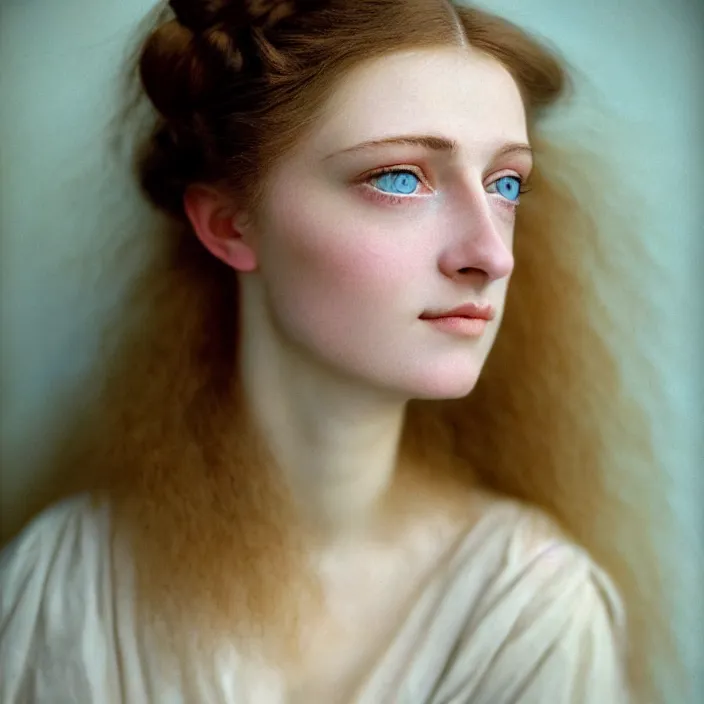 Image similar to Kodak Portra 400, 8K, soft light, volumetric lighting, highly detailed, britt marling style 3/4, view from above of close-up portrait photo of a beautiful woman, pre-Raphaelites painter, Huge blue eyes, with velvety brown lashes. girlish woman who looks extremely fragile and sickly, like a neurasthenic Victorian maiden. Hair is light brown in long curls; skin is pale. Pretty in a frivolous, invalid way. Gives the impression of being slight. , Realistic, Refined, Highly Detailed, natural outdoor soft pastel lighting colors scheme, outdoor fine art photography, Hyper realistic, photo realistic,warm lighting,