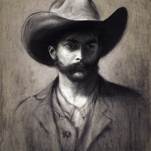 Image similar to portrait of a young action hero cowboy monster hunter, by alfred stevens in charcoal