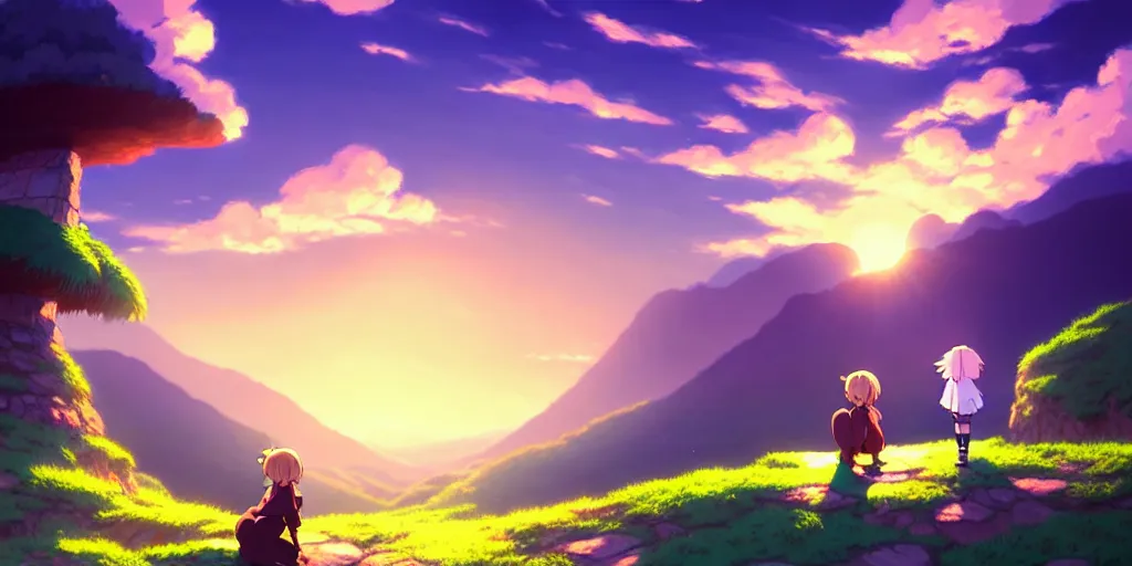 Image similar to the girl and the cat. beautiful sunrise. small village in the mountains. rocky roads, beautifull puffy clouds. anime, studio ghibli. intricate, elegant, super highly detailed, professional digital painting, artstation, concept art, smooth, Unreal Engine 5, 8k resolution, cinema 4d, 3D, beautiful, cinematic