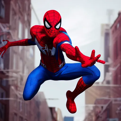 Image similar to fully red spider-man with blue hoodie, 4k realistic photo