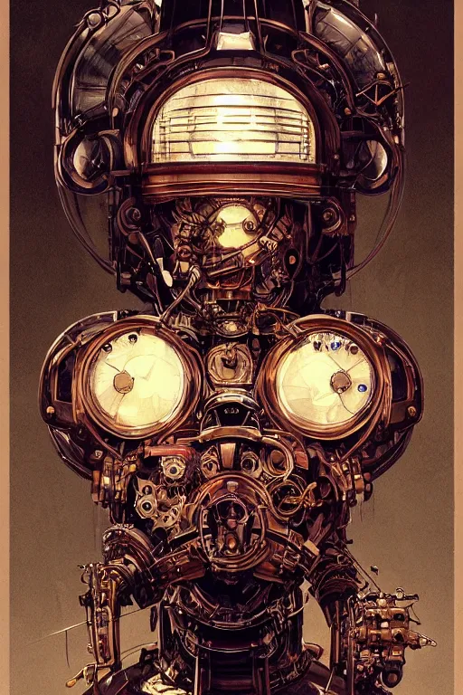 Prompt: a portrait of a steampunk robot, realistic, artstation, illustration by silvio camboni, yoshitaka amano, katsuhiro otomo, victo ngai, james gurney, brom, jeffrey jones, steampunk concept art, alphonse mucha