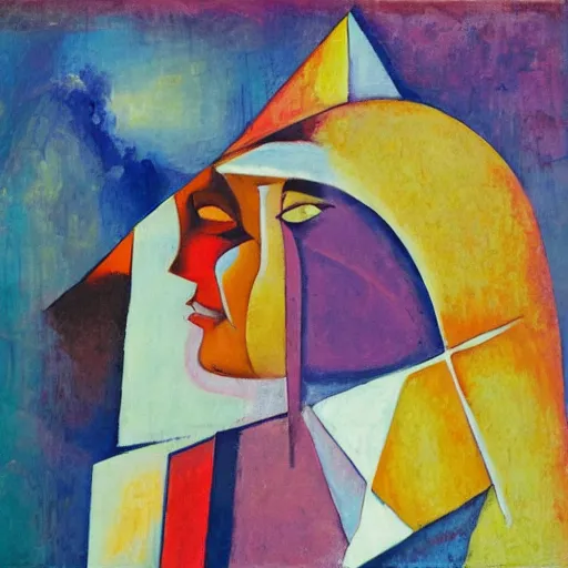 Image similar to woman in glorious robes rose up vast as the skies, old as the mountains and formless as starlight to shelter the precious memories, matter, messages, abstract art in the style of cubism and georgia o keefe