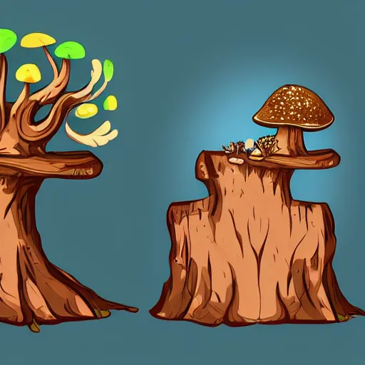 Prompt: a gnarled ancient wooden tree stump with mushrooms growing out of it, organic, highly detailed, vector art, concept art, individual sprite from a gorgeous indie platform game, on a flat color black background